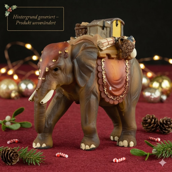 Handbemalte Krippenfigur Elefant mit Gepäck, ca. 10 cm, T 004-15